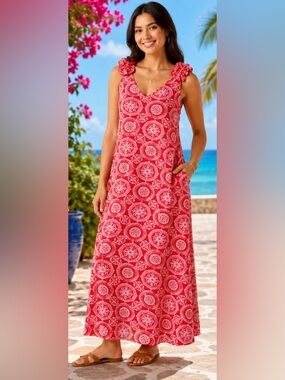 Vince Camuto NWT Red Medallion Print Maxi Dress | Ruffle  Straps | Size Medium